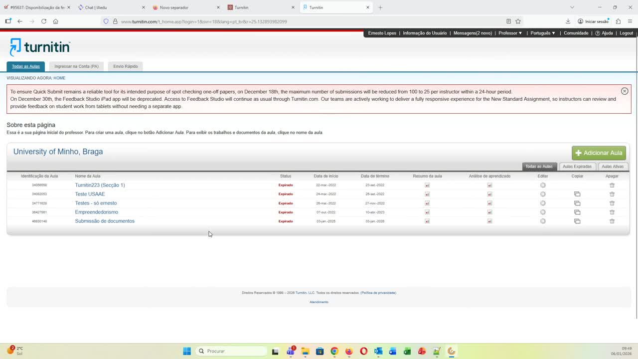  Ativação de envio rápido turnitin