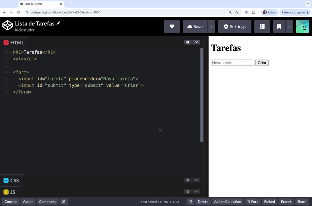  JS: aplicação tarefas - 1. adicionar tarefas