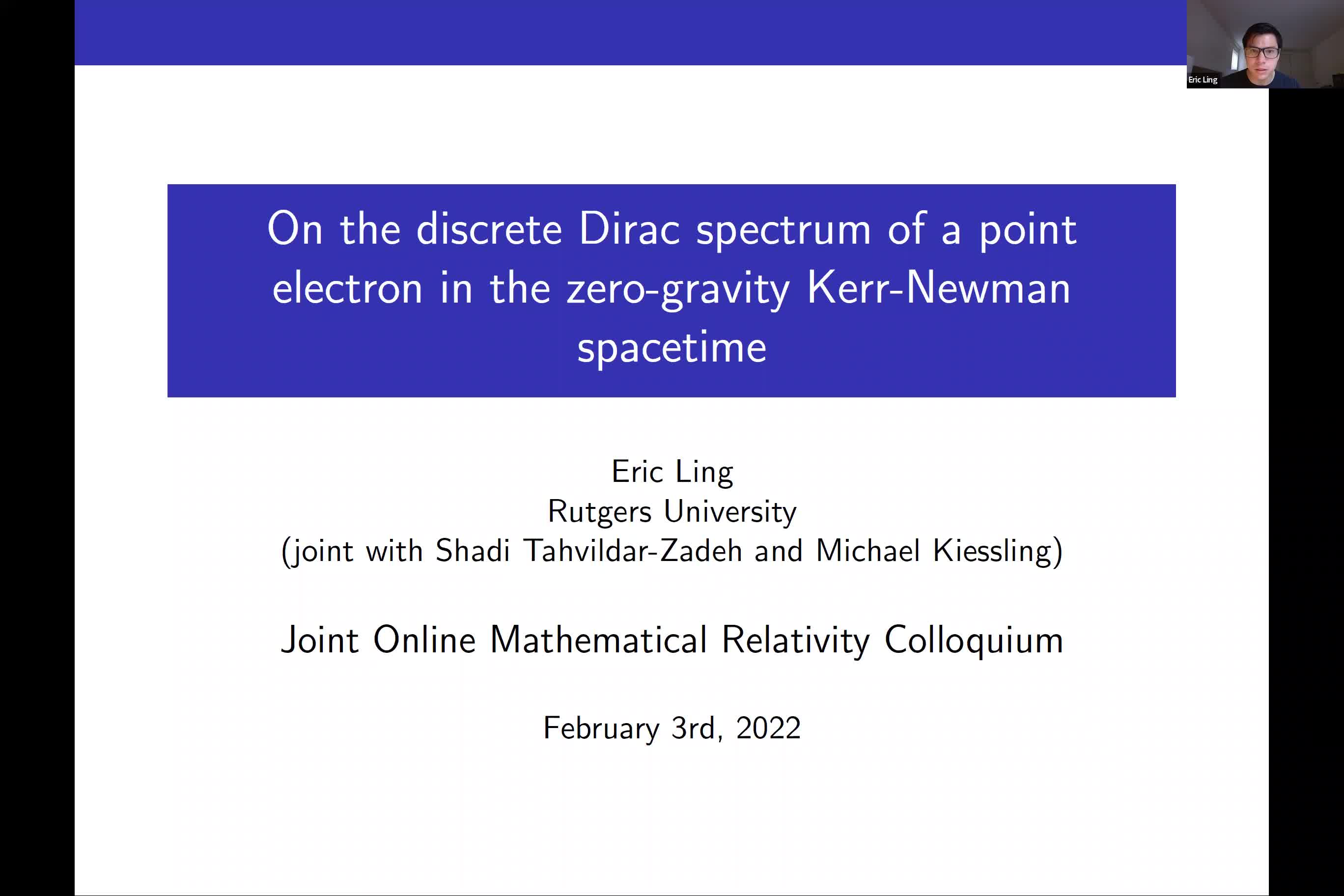 Educast player: 2022.02.03 On the discrete Dirac spectrum of a point  electron in the zero-gravity Kerr-Newman spacetime