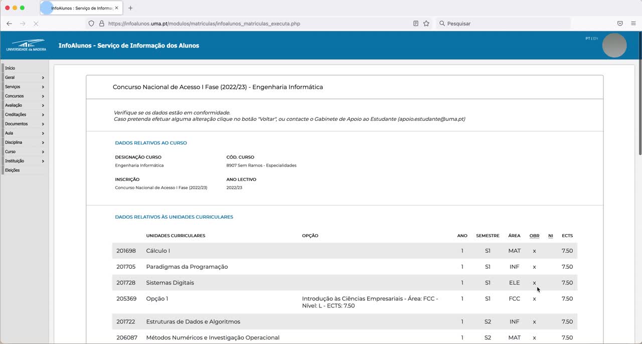 Verificação dos Dados de Matrícula
