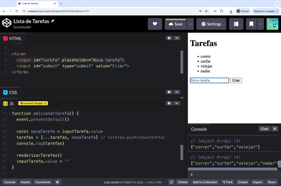  JS: aplicação tarefas - 2. apagar tarefa